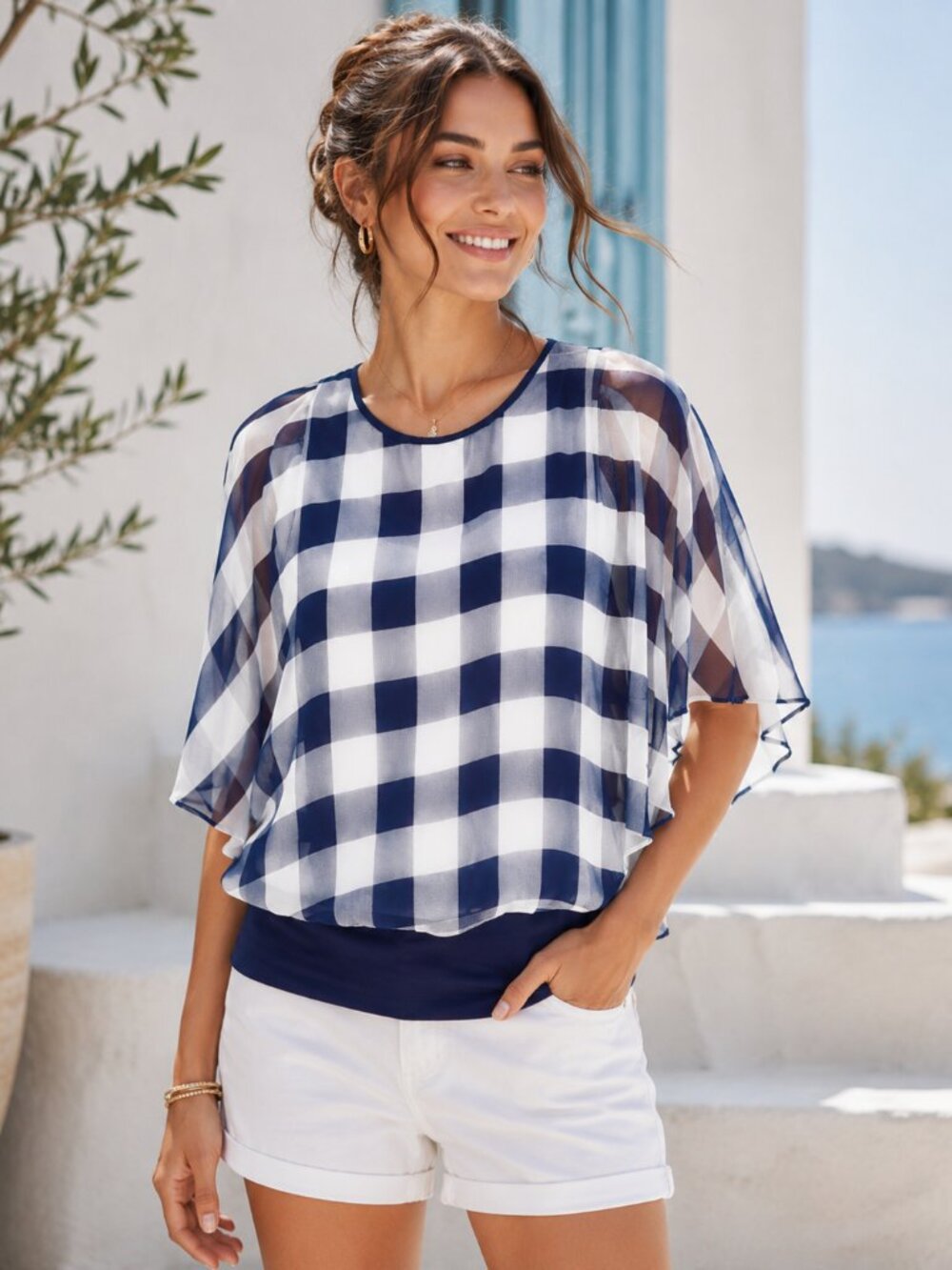 Anthropologie Elsie Blouse Blue White Bell Sleeve Top S